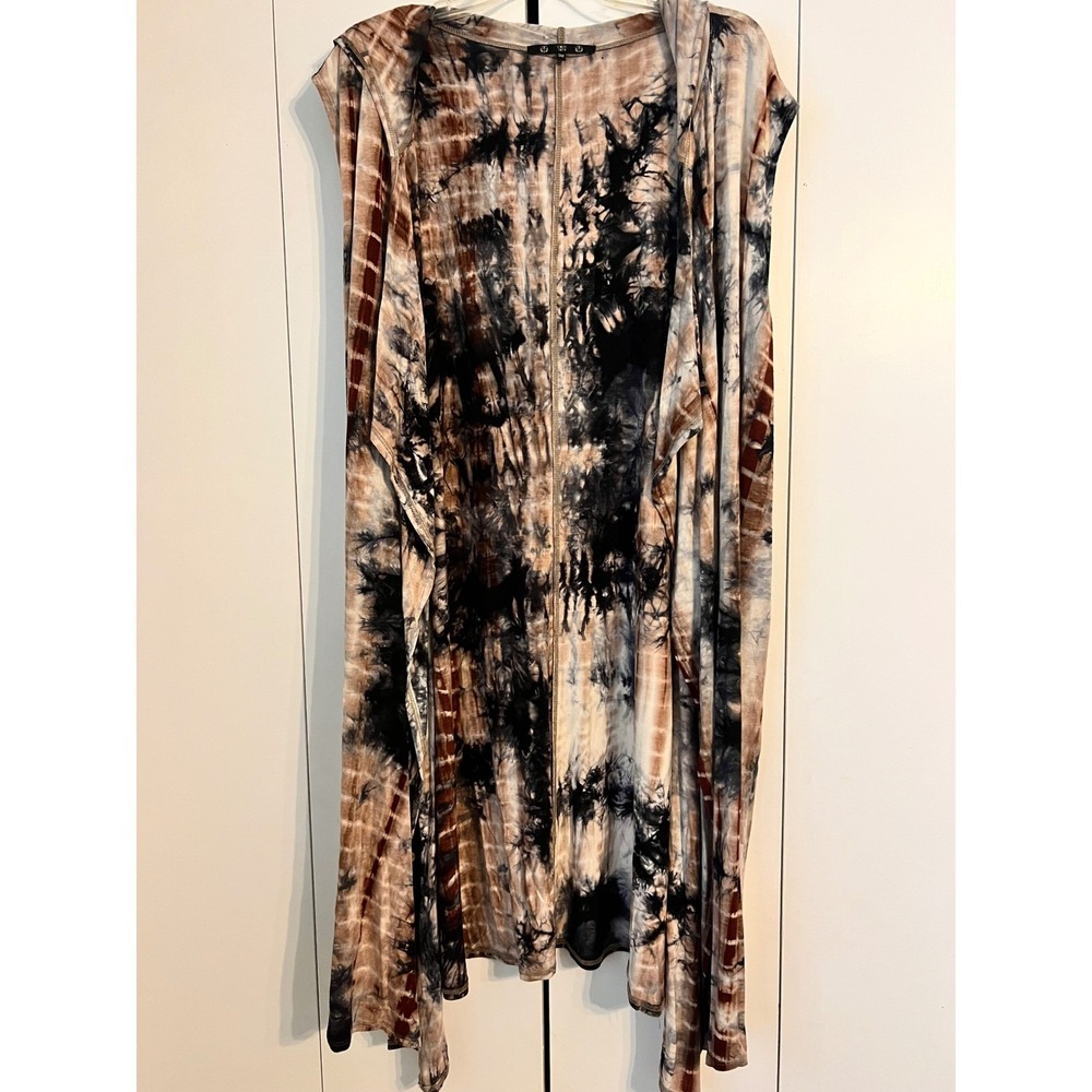 Coin 1804 Tie Dye Sleeveless Hooded Open Cardigan Vest Brown Black Womens 3X